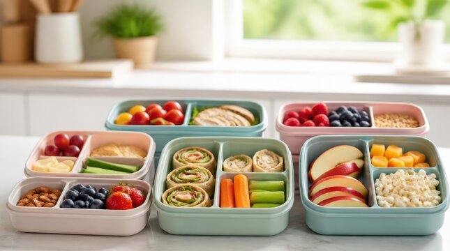Assorted healthy meal prep containers with fresh food on kitchen counter.