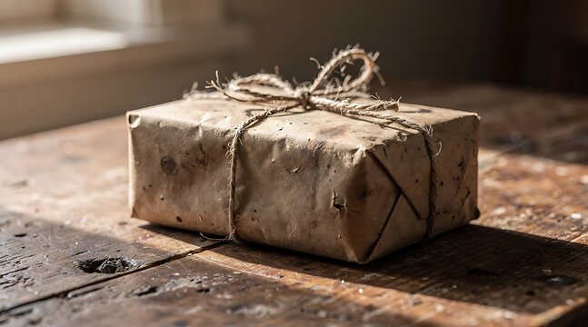 Rustic gift package wrapped in brown paper and twine on weathered wooden table.