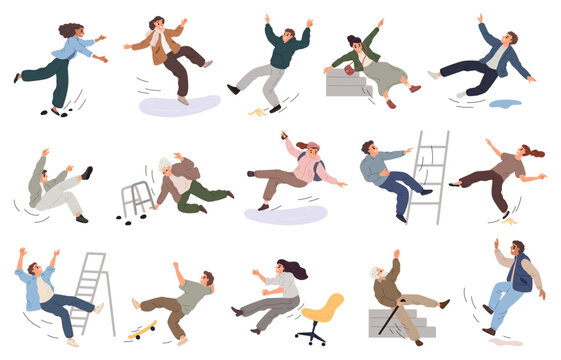 People of all ages losing their balance. Characters falling on stepladder. Men slipping on wet floor. Women stumbling. Sudden falls in various poses. Unbalanced positions vector set