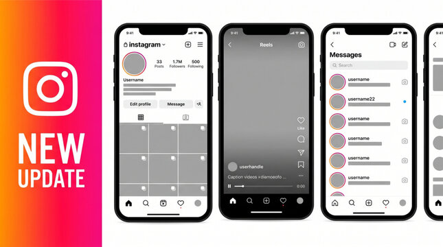 2026 Instagram feed mockup. Social media mock up template. Instagram profile reels messages pages. Screen interface on iPhone smartphone. Latest update social network mobile app interface mockup.