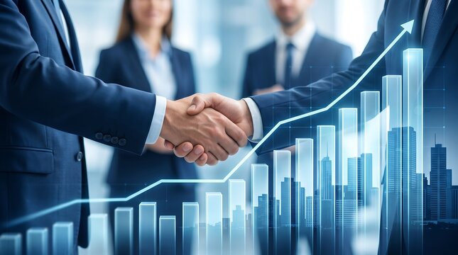 Business professionals shaking hands with a rising financial graph and futuristic cityscape overlay representing growth and partnership success