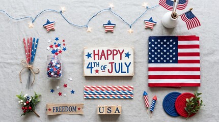 Obraz premium Flat lay of patriotic items celebrating 4th of July with American