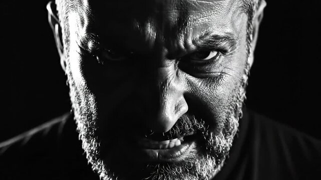 Close up portrait of an angry bearded man looking intensely at camera
