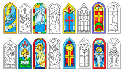 Obraz premium Outline drawings of stained glass windows. Arched windowsill. Biblical scenes color mosaic depictions. Christian frames. Christianity angel. Vector elements set of religious buildings