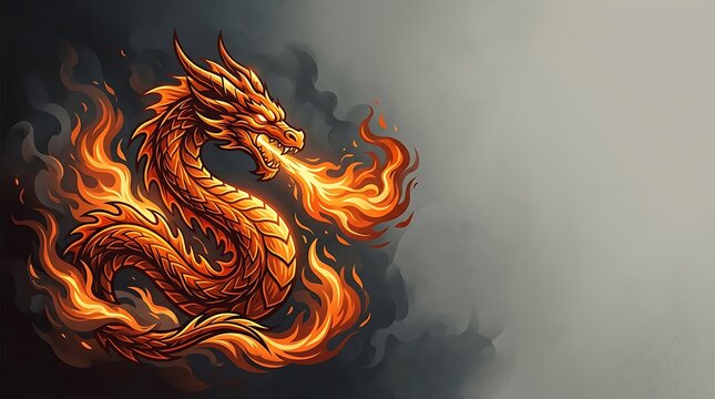 Fire dragon breathing flames against a dark smoky background
