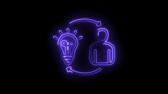 Neon light bulb and person icon with circular arrows symbolizing idea sharing knowledge transfer