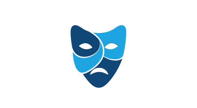 Blue theatrical drama and tragedy mask artistic face logo.