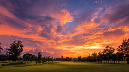 Fototapeta premium Vibrant sunset sky glowing over a lush green golf course landscape with dramatic clouds and silhouettes of trees during the golden hour of evening