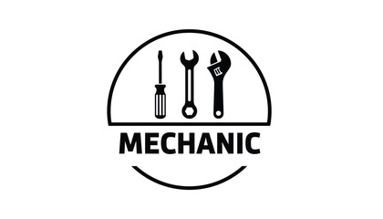 Fototapeta premium Circular black and white mechanic service logo with repair tools including screwdriver, wrench, and spanner.