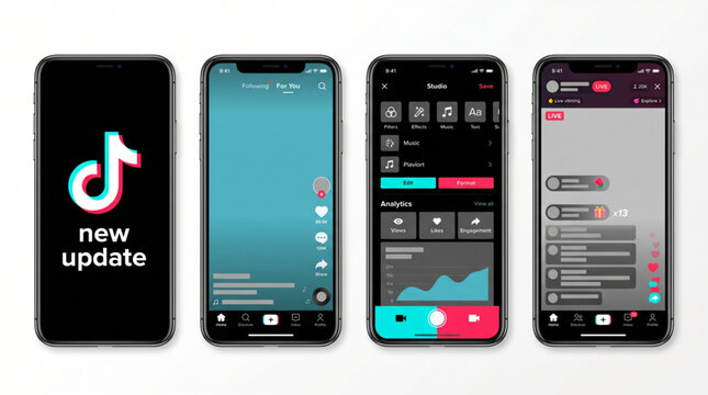 2026 Tiktok mobile App interface template. Tiktok mockup social media template. Mobile app interface template on social network. Tiktok Home, Studio, Analytics, Live stream features UI mockup screen.