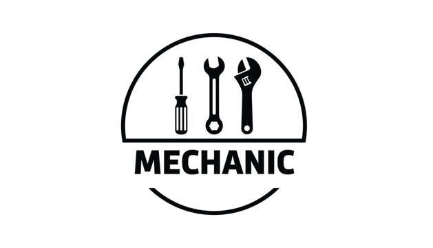 Circular black and white mechanic service logo with repair tools including screwdriver, wrench, and spanner.