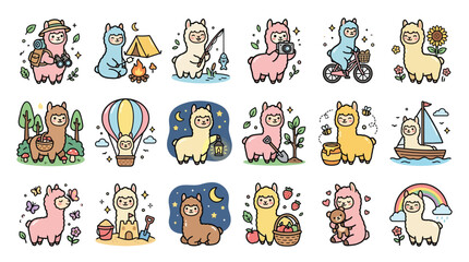 Fototapeta premium Collection of cute cartoon alpacas engaged in various activities like camping, fishing, cycling, and enjoying nature.