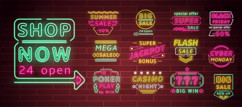 Neon advertising signs. Illuminated signage on brick wall for Cyber Monday or Black Friday. Promotional texts featuring discounts and lighting solutions for stores. Vector billboards set