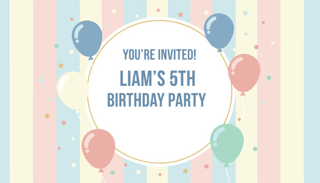 Liam's fifth birthday party invitation card design with colorful balloons and pastel striped background.