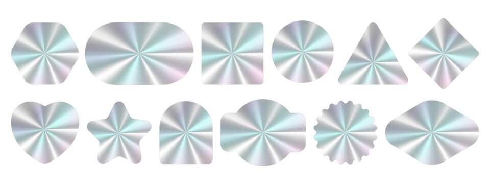 Mockups of holographic stickers. Labels of various shapes. Holography tags with radial metallic gradient. Warranty card designs on white background. Vector blank foil logo patches set