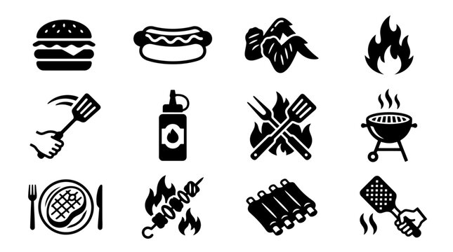 Black and white icons of barbecue tools and food.