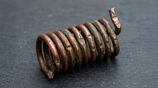 Aged Copper Coil with Verdigris on Dark Background