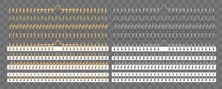 Metal and gold bindings. 3D mockups of clips for notebooks and calendars. Paper bookbinder. Realistic spiral and ring binders. Stationery elements. Steel page wire fasteners vector set