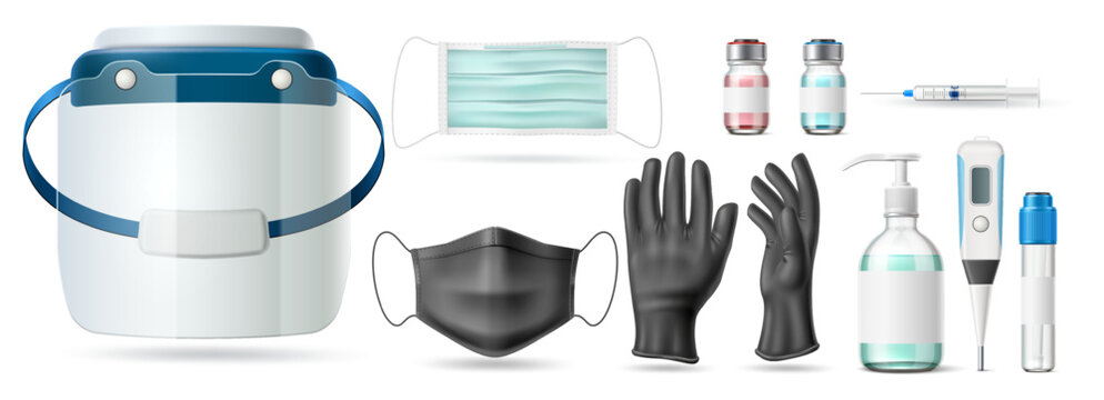 Medical protective equipment. Effective protection against virus. Antibacterial soup. Syringe with vaccine vial. 3D clinic instruments. Disease prevention. Vector realistic objects set
