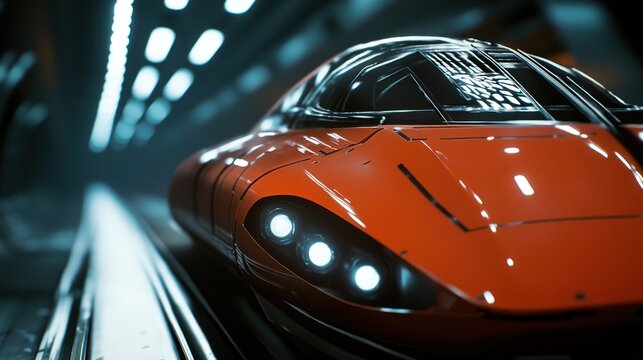 Futuristic orange vehicle in a dark tunnel.