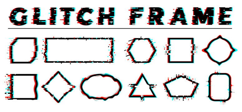 Glitch effect images. Distorted edges of various shapes. Abstract frames. Visual noise. Modern forms. Cyber dynamic distortion. Squares or circles. Graphic design elements vector set