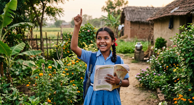 Happy Indian schoolgirl with textbook pointing up in rural village