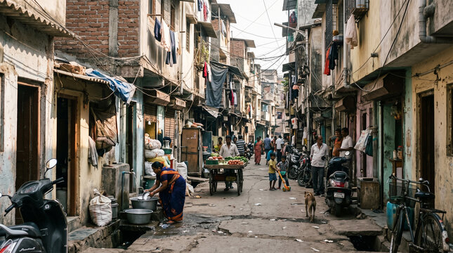 Indian woman washing dishes on street, cart with vegetables and local residents in crowded poor neighborhood. Poverty and developing country concept.
