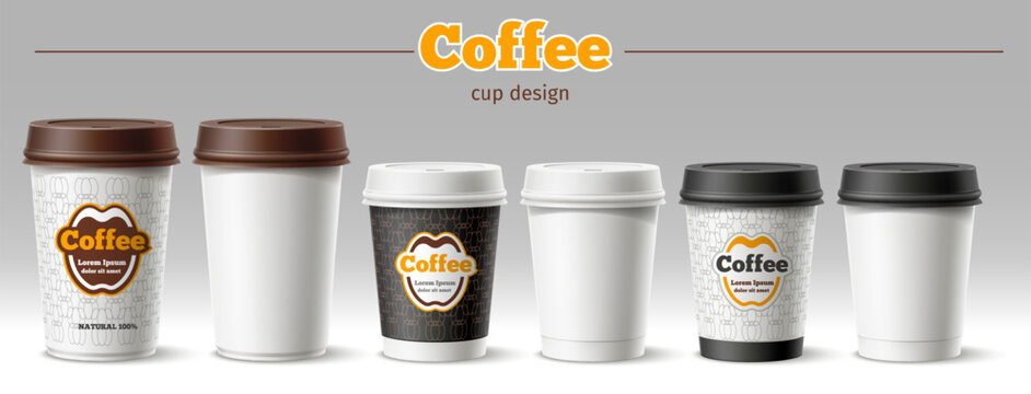Designs for paper coffee cups. Realistic mockups of cardboard glasses for takeout drink. Hot beverage 3D mugs in various sizes both plain or with printed branding. Vector tableware set