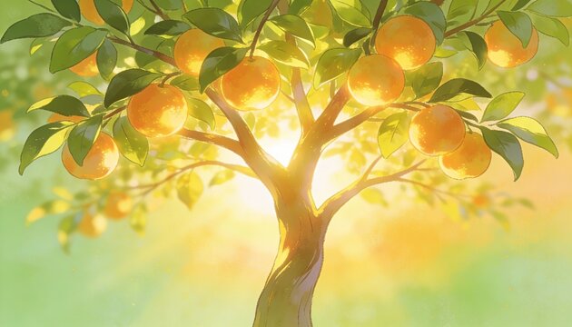 Orange tree with ripe fruits in golden sunlight. Digital illustration of a citrus tree for Tu Bishvat. Nature and harvest concept background