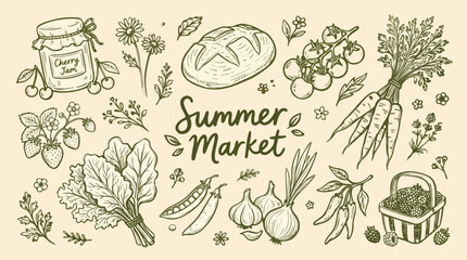 Fototapeta premium Handdrawn illustration of fresh organic vegetables fruits and baked bread for a summer market
