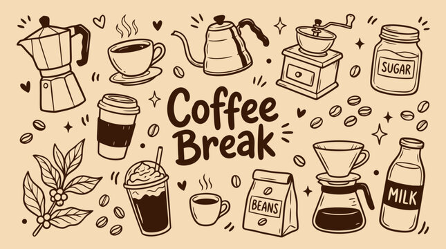 Handdrawn collection of coffee break elements including cups kettles grinders beans and milkisolated on a light brown background