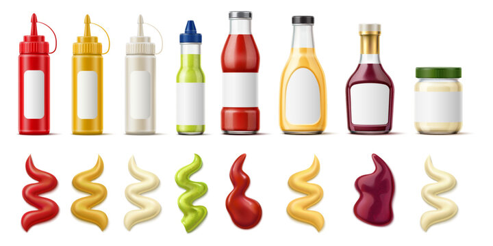 Realistic bottle with sauce and splashes. Glass 3D packaging design featuring tomato ketchup, barbecue seasoning and mustard. Squeezed dressing salsa. Various liquid condiments vector set