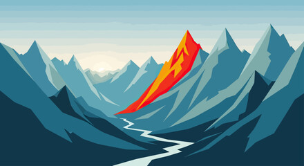 Blue mountain range landscape with orange peak and river. © gudangPIXEL