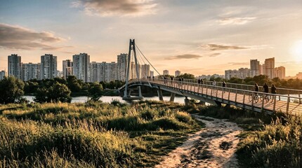 Fototapeta premium Modern Pedestrian Bridge at Sunset with City Skyline