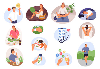 Fototapeta premium People lead healthy lifestyle. Mental health. Physical activity. Natural foods. Adequate rest. Balanced routine. Spa relax. Relaxation and body care. Correct regime. Vector concepts set