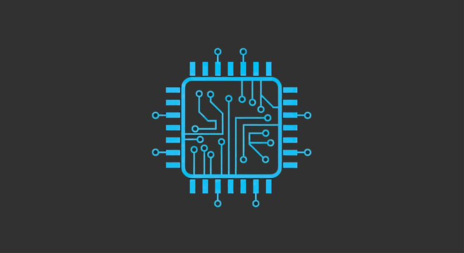 Blue CPU microchip circuit board icon on dark background.