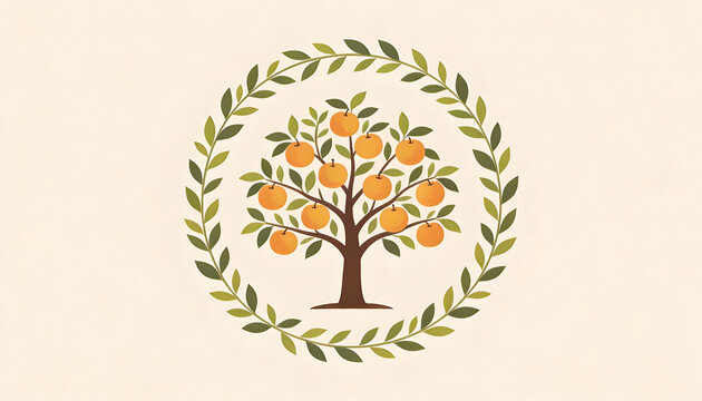 Stylized orange tree with ripe fruit inside a circular leaf wreath. Tu Bishvat celebration concept. Minimalist flat illustration of a fruit tree on a cream background