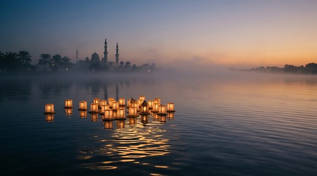 Floating lanterns on water with a misty mosque background at dusk