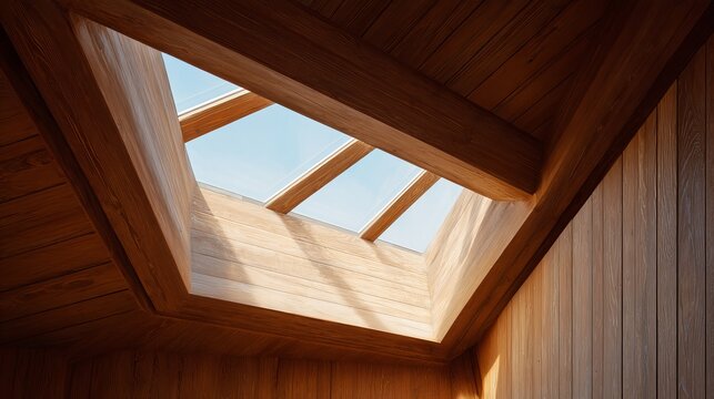 Modern wooden ceiling architecture featuring a bright skylight window that allows natural sunlight to illuminate the warm textured interior cabin space