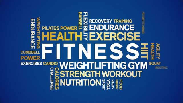 Fitness animated word cloud-text design animation tag kinetic typography seamless loop.