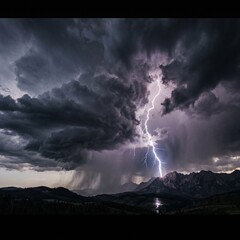 Fototapeta premium Storm clouds with lightning strike over mountainous landscape dramatic sky