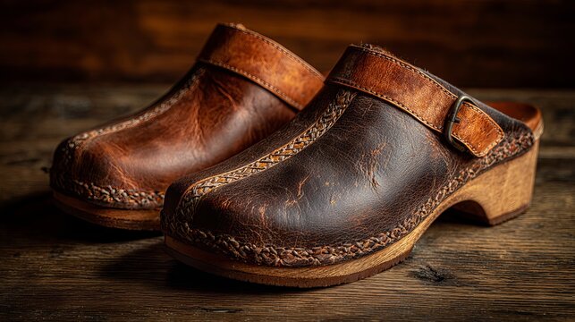 Pair of rustic brown leather clogs with wooden soles resting on a dark textured wooden surface in a traditional artisan workshop setting for comfort