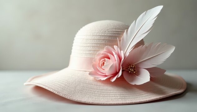 Elegant hat adorned with a slender white feather and subtle floral patterns , fashion, flowers, hats