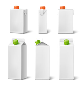 Cardboard packaging for beverages. Realistic carton boxes for milk, dairy cream and fruit drinks. 3D containers viewed from various angles. Juice packs. Empty package mockups vector set