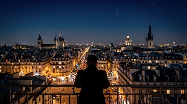 Silhouette of a person overlooking Paris city skyline at night from a rooftop balcony.