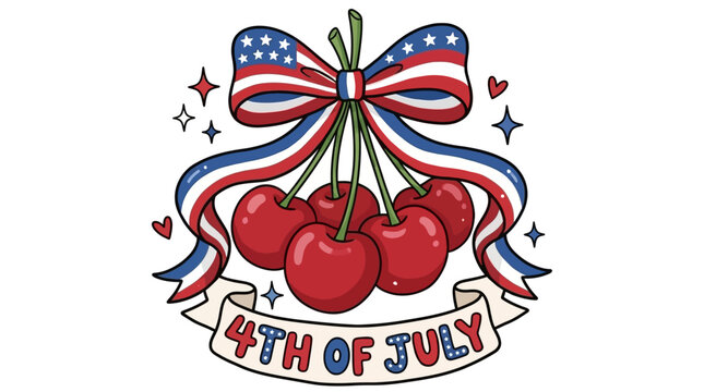Patriotic Coquette Cherry Set with American Flag Ribbon Banner for 4th of July Holiday Design Sublimation Illustration Isolated on White