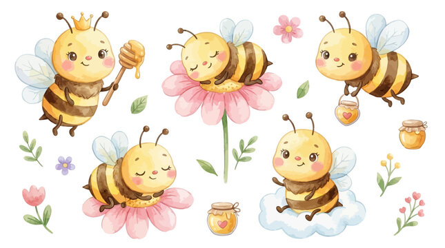 Adorable Baby Honey Bee Watercolor Cartoon Character Painting Illustration Vector Set of Painted Cute Insects Elements Isolated on White Background for Children Nursery Graphic Design