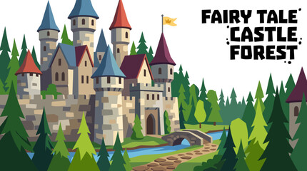 fairy tale castle architecture in magical forest landscape environment with fantasy landmark scenery nature travel adventure and enchanted heritage atmosphere for creative vector illustration design © Evan