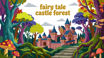 fairy tale castle architecture in magical forest landscape environment with fantasy landmark scenery nature travel adventure and enchanted heritage atmosphere for creative vector illustration design © Evan
