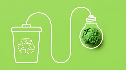 Obraz premium Recycling waste management concept with trash bin connected to green paper lightbulb representing circular economy and sustainable renewable energy
